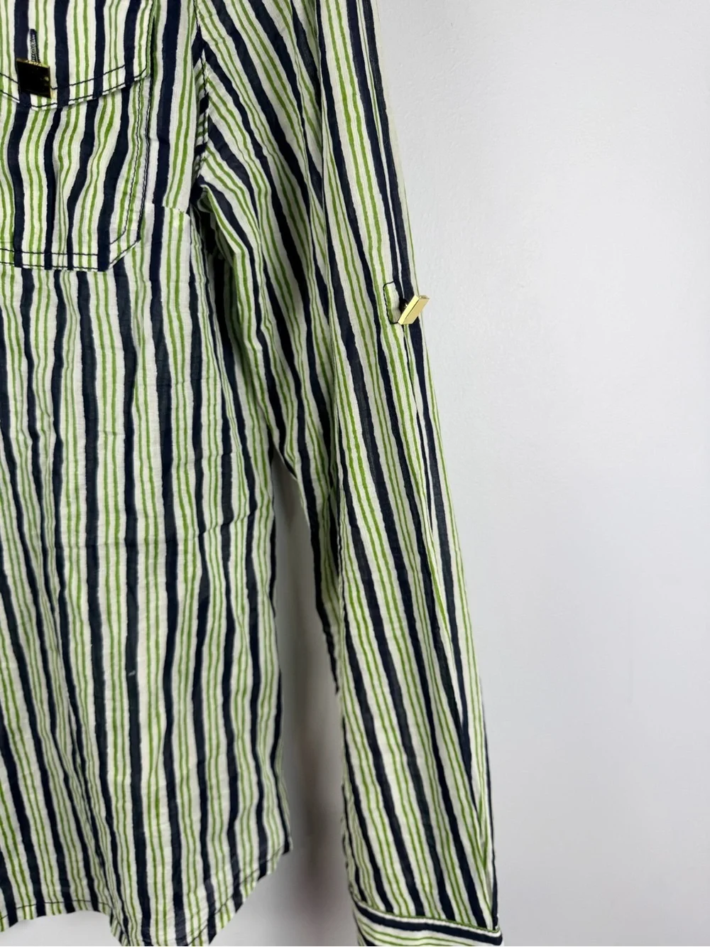 Tory burch green navy white stripe button down blouse with gold detail size 10